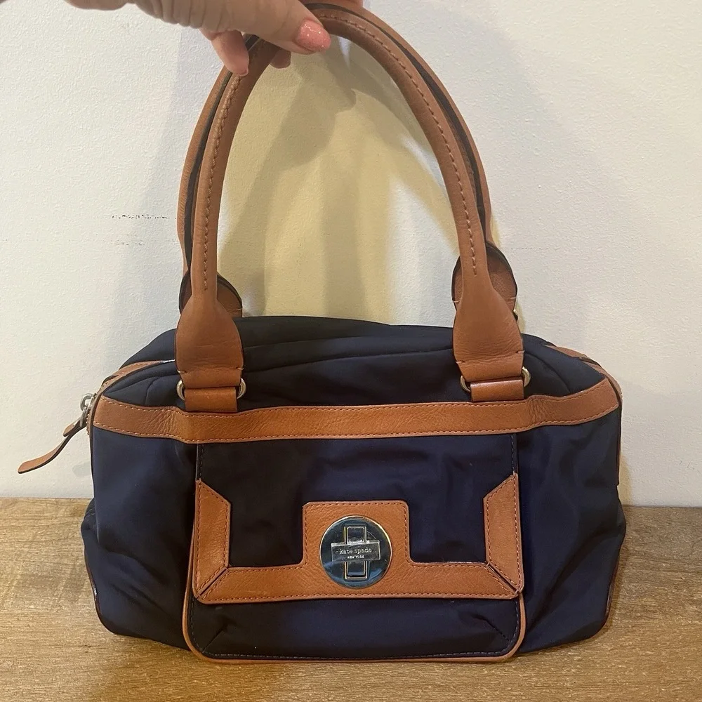 Kate Spade NY Navy Nylon Satchel Brown‎ Leather Trim Mini Bowler Top Handle Bag